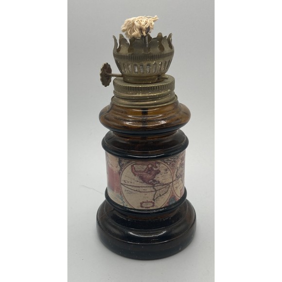 Mini Oil / Kerosene Amber Glass Lamp with Globe Graphics 5.25" Tall 2.75" @ Base - Picture 5 of 10